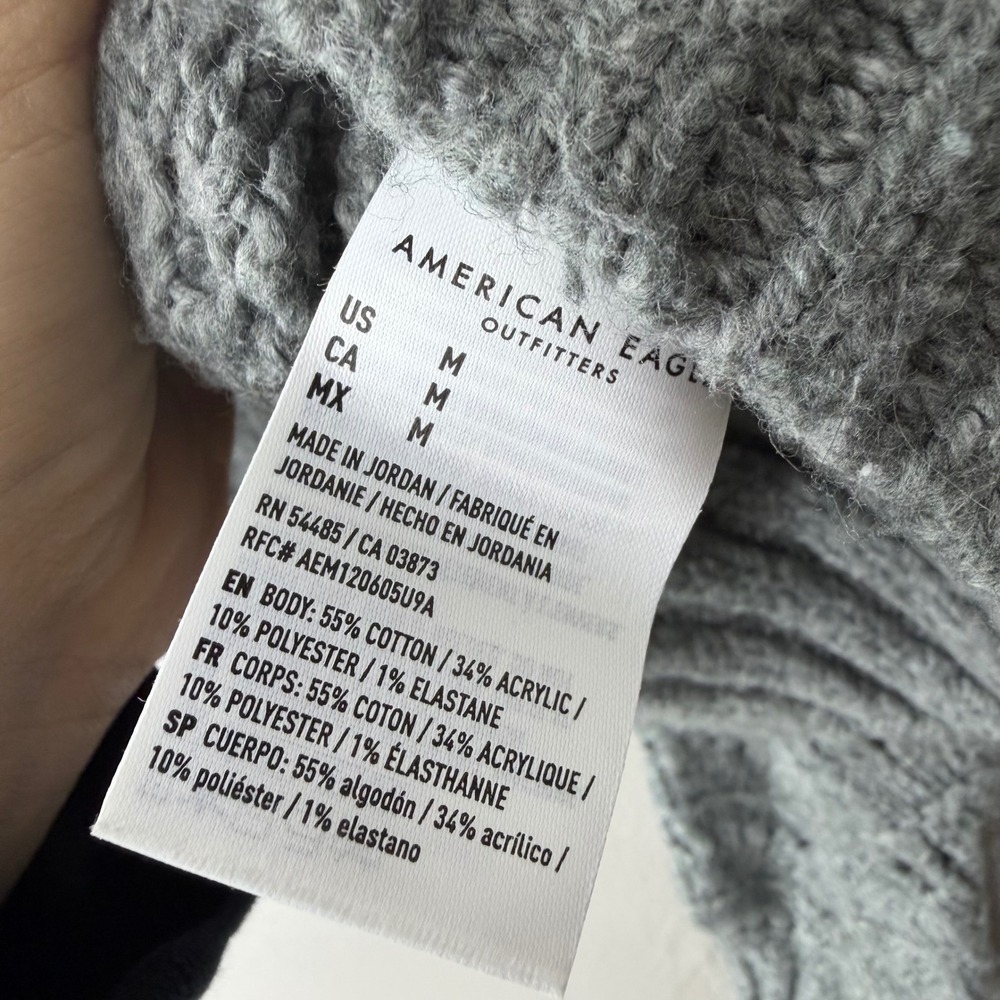 American Eagle Gray Pointelle Knit Crewneck Sweater Women Medium Scalloped Boho - Picture 3 of 4